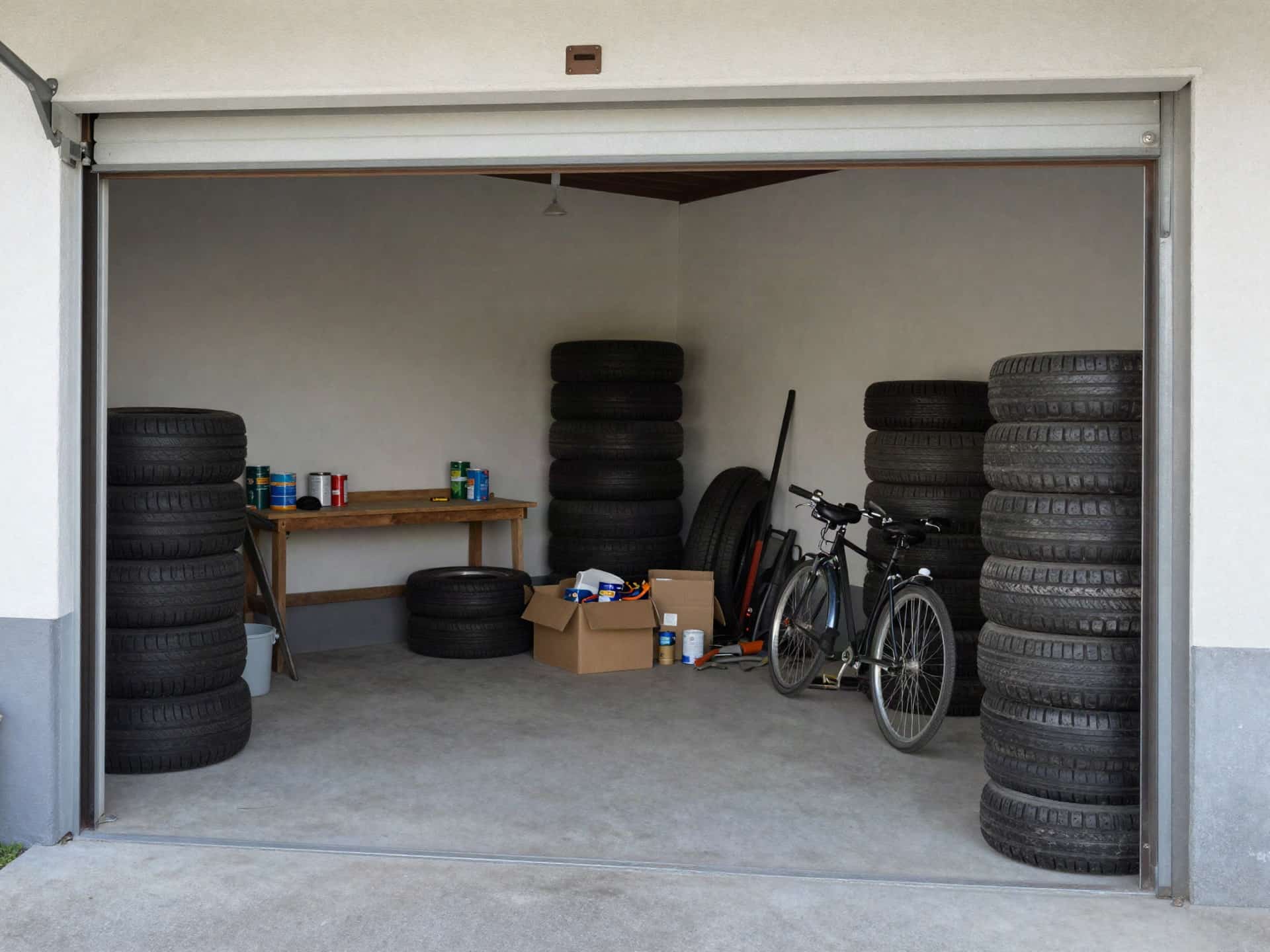 Garage mit Werkbank, Altreifen und gelagertem Material vor der Entrümpelung