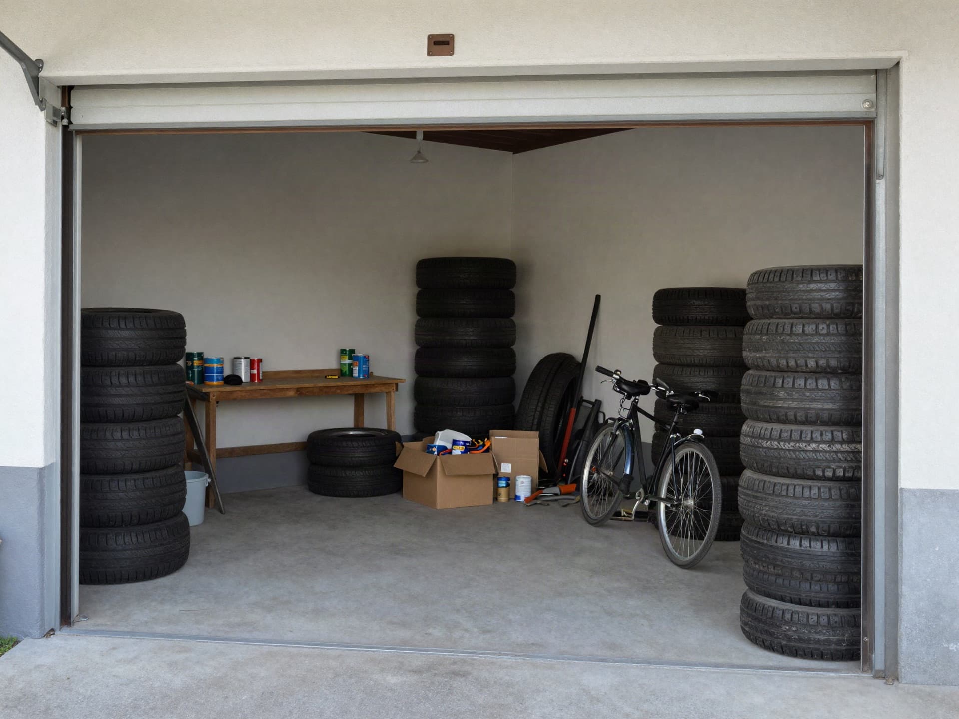 Garage mit Werkbank, Altreifen und gelagertem Material vor der Entrümpelung