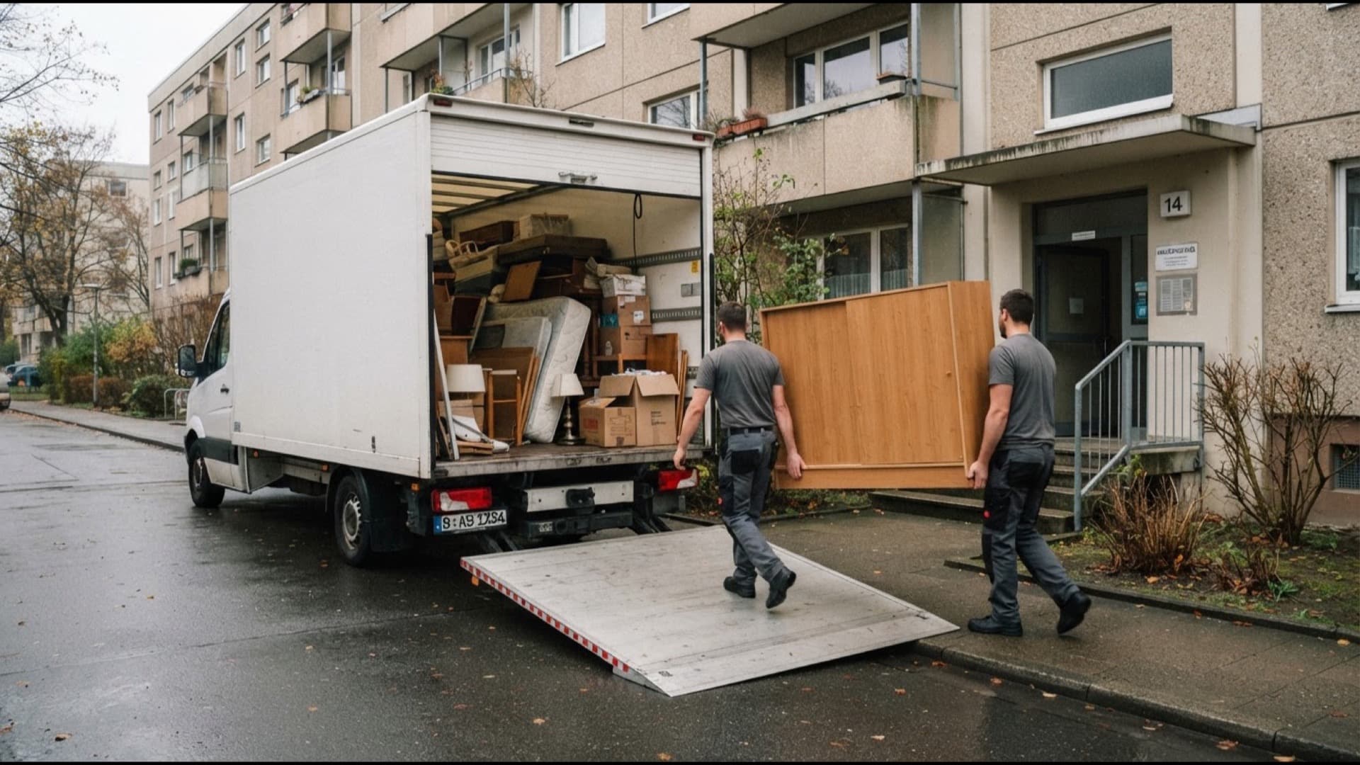 Transporter mit heruntergelassener Ladebordwand vor einem Wohnhaus, zwei Mitarbeiter tragen einen Schrank aus dem Hauseingang