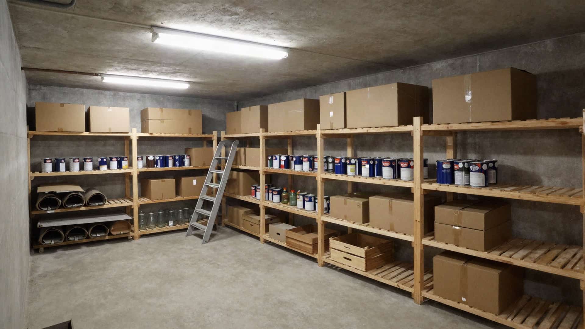 Kellerraum mit Holzregalen, Kartons und Farbeimern vor der Entrümpelung