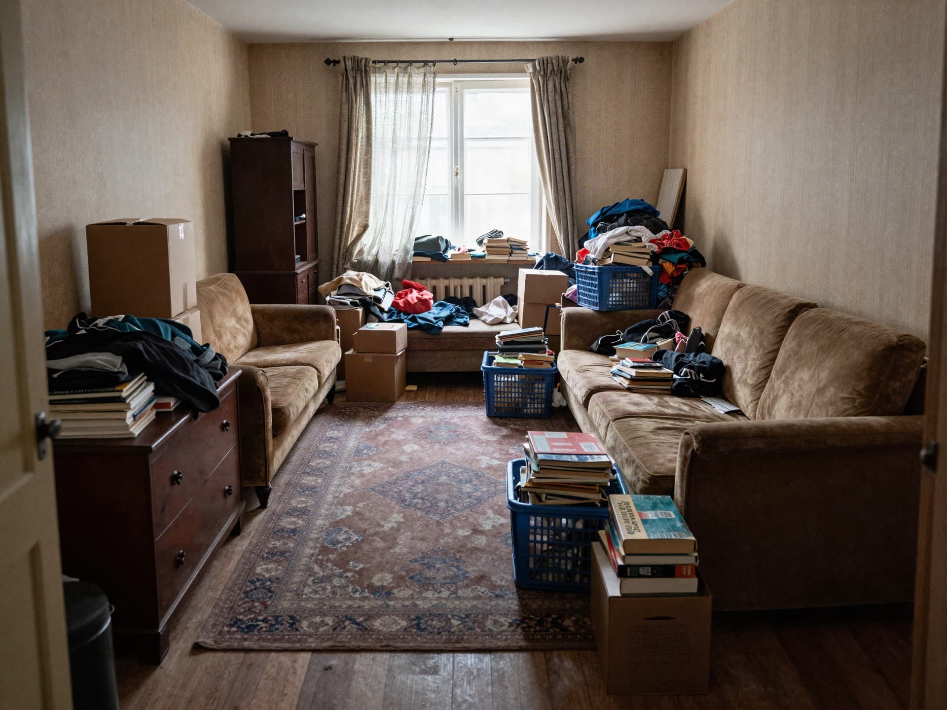 Stark zugestellter Wohnraum mit Kartons, Möbeln und Hausrat vor der Entrümpelung