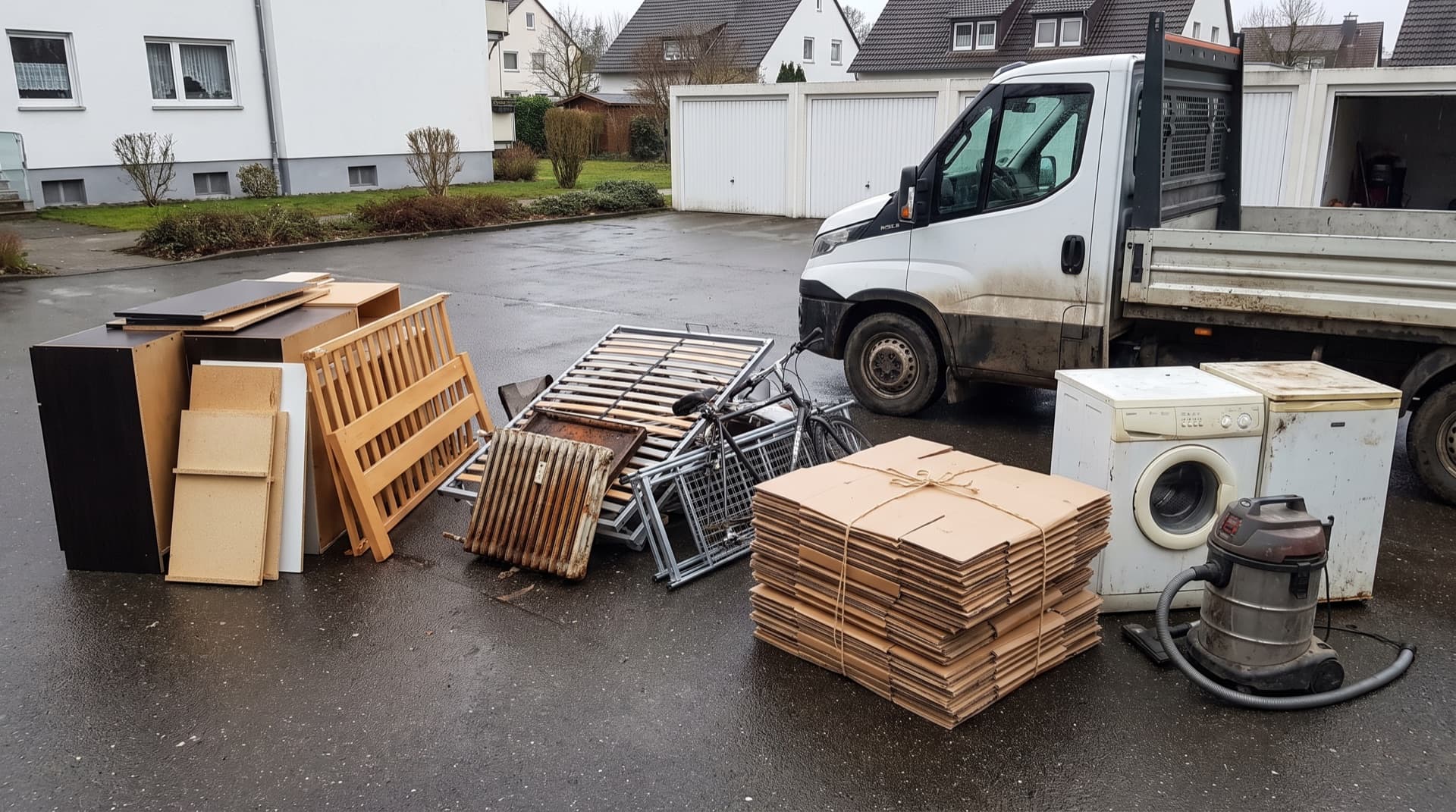 Holz, Metall, Kartonage und Elektrogeräte getrennt sortiert auf dem Hof vor dem Abtransport